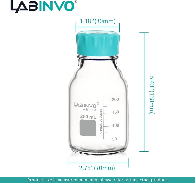 LINVO Glass Round Media Storage Bottles, 4pcs of Vol.250ml, 3.3 Borosilicate Glass Material, With GL45 Polypropylene Screw Cap in Aqua Blue Color, Type B Cap,IN-RB250A - Image 5